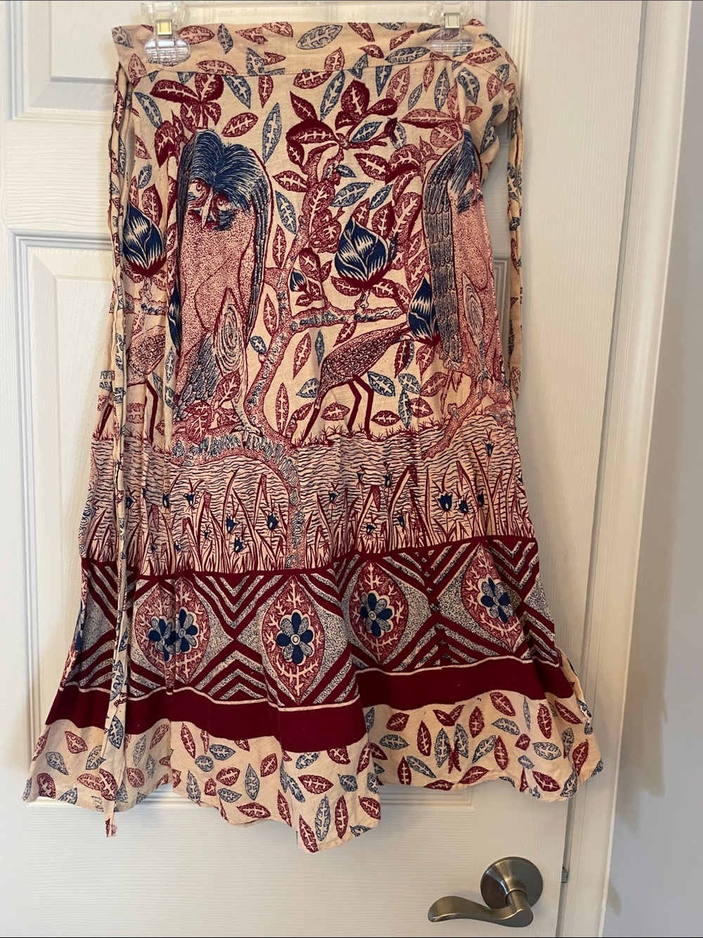 Vintage Boho Floral & Bird Printed Maxi Skirt in Cream, Burgundy & Navy
